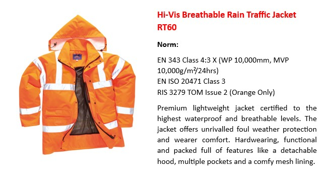 Image of the waterproof, breathable high-visibility jacket RT60 in orange with a link to the product page.