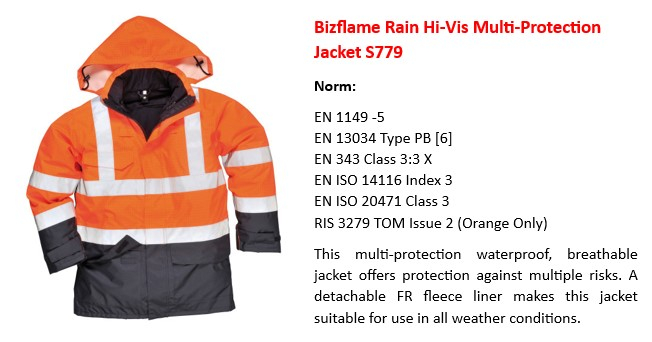 Image of the Bizflame high-visibility multi-norm rain jacket S779 in orange with a link that leads to the article page.