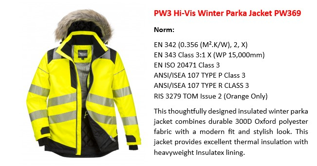 Image of the PW3 high-visibility winter parka PW369 in yellow with a link to the article page.