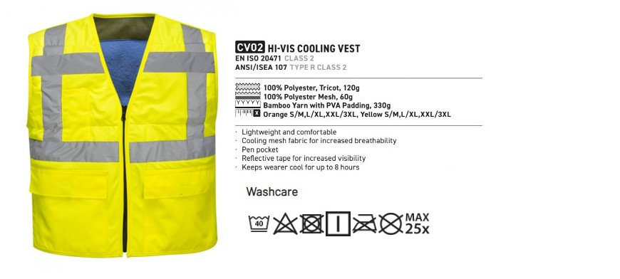 Image of the CV02 Hi-Vis Cooling Vest in yellow along with a description of the item's features and washing recommendations. Details can be found on the item page to which the link leads.