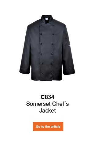 Image of the Somerset C834 chef's jacket in black with a link that leads to the article page.