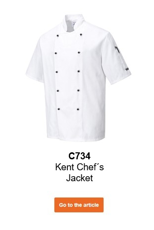 Image of the Kent C734 chef's jacket in white with a link that leads to the article page.