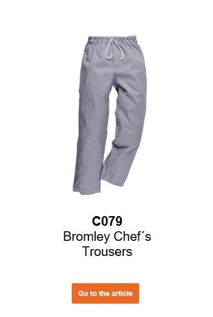 Image of the Bromley C079 chef's trousers in a blue and white check pattern with a link that leads to the article page.