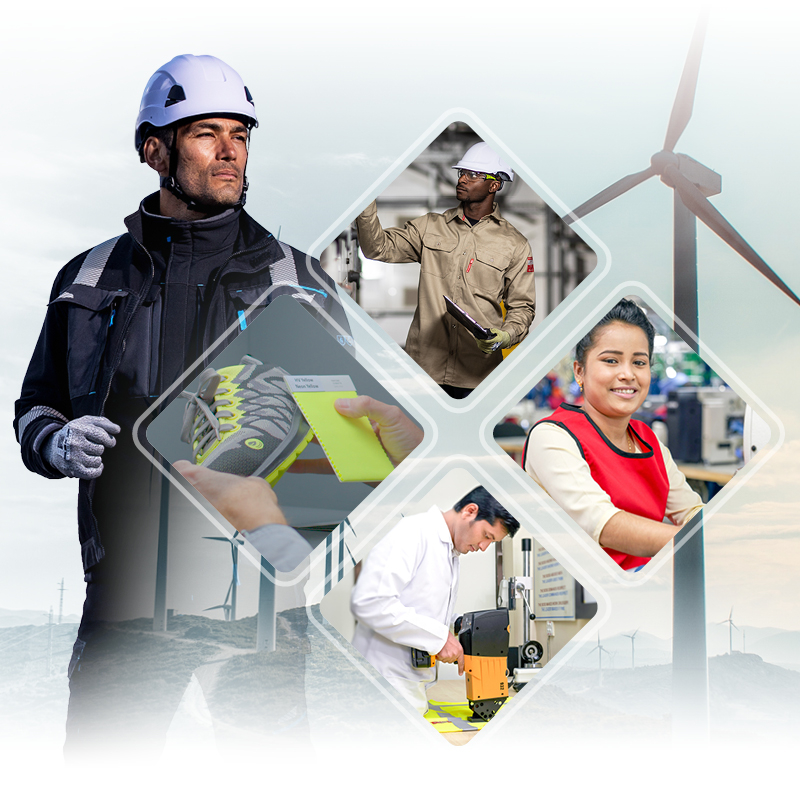 Picture of a worker dressed in protective clothing who is in a wind farm. Arranged in an overlapping manner in the middle is a square standing on its tip made up of four small pictures showing scenes from factories.