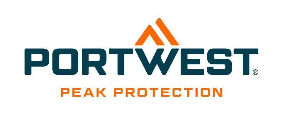 Portwest logo in blue and orange on a white background.