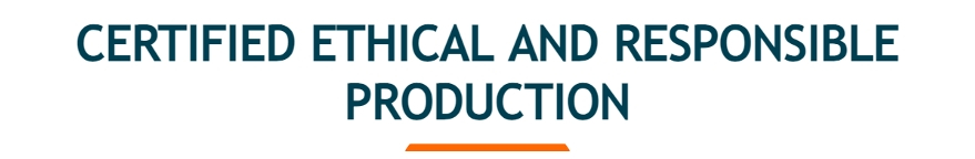 Blue lettering "Beyond the norms: safety, performance and ethical production". Below is an orange line.