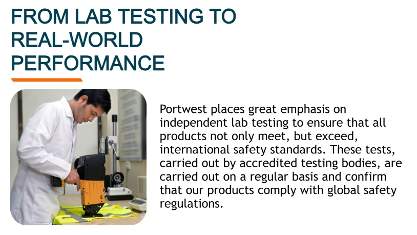 Image of a worker testing a yellow safety vest in the laboratory. Above the image is the heading "From laboratory testing to practical performance" and to the right of this is a text box explaining Portwest's test protocol.