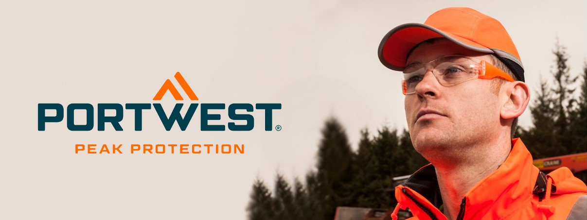 A man in orange workwear and an orange bump cap is wearing safety glasses and looking up. To his left is the "Portwest Peak Protection" logo against a light background with dark green trees in the background.