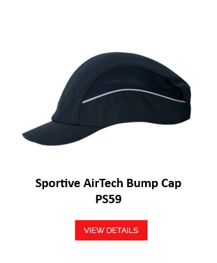 A black bump cap with integrated ventilation, referred to as the "Air Tech Bump Cap PW59". An orange button with the inscription "Go to article" is placed at the bottom of the image and leads to the article page.