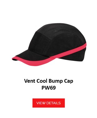 A black, ventilated bump cap with a red stripe, referred to as the "Ventilated Bump Cap PW69". An orange button with the inscription "Go to article" is placed at the bottom of the image and leads to the article page.