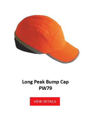 An orange high visibility bump cap with grey accents, referred to as "High visibility bump cap PW79". An orange button with the inscription "Go to article" is placed at the bottom of the image and leads to the article page.