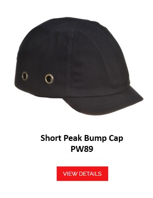 A black bump cap with a short peak and ventilation holes on the sides, referred to as "PW bump cap with short peak PW89". An orange button with the inscription "Go to article" is placed at the bottom of the image and leads to the article page.