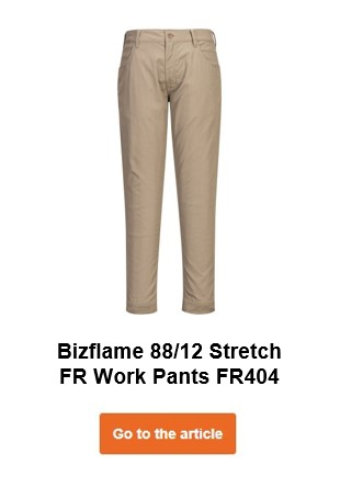 Flame-retardant stretch trousers FR404 in beige with a link that leads to the article page.