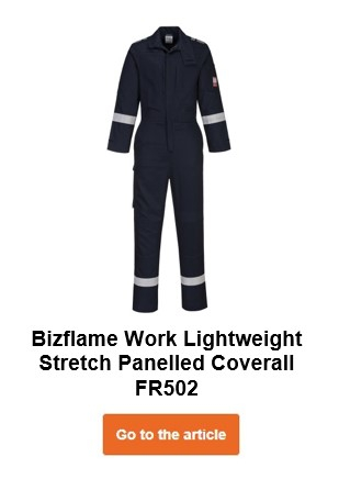 Bizflame Plus protective suit FR502 in dark blue with a link to the product page.