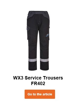 WX3 FR service trousers FR402 in black with a link to the product page.