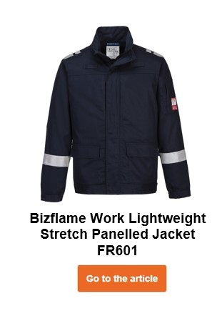 Lightweight Bizflame Plus jacket FR601 in black with a link to the product page.