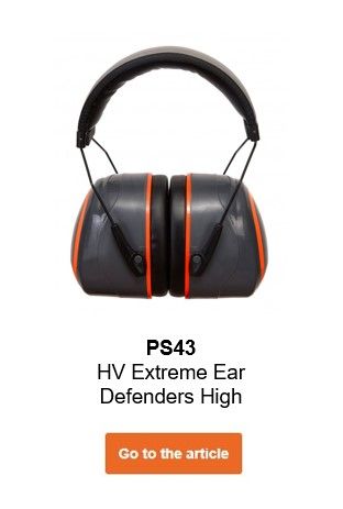 Image of the PS43 HV Extreme earmuffs in black with red details and a link that leads to the article page.