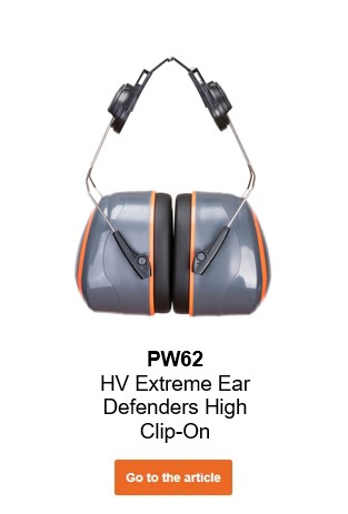 Image of the PW62 HV Extreme earmuffs Clip On in gray with orange details and a link that leads to the article page.