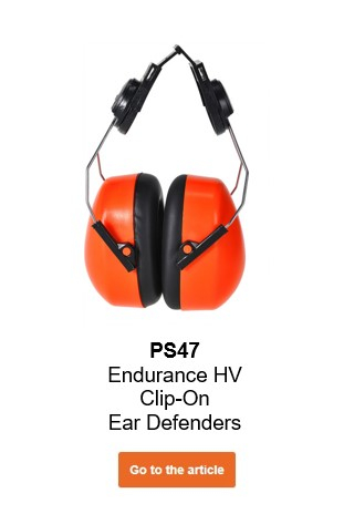 Image of the PS47 Endurance HV earmuff in orange with black details and a link to the product page.