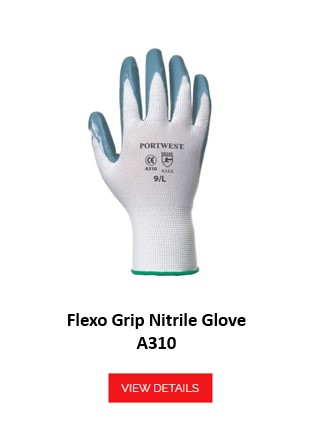 A310: A white work glove with a grey coated palm and fingertips. The glove has the Portwest logo printed on it, as well as size and certification information. A link to the glove is provided.