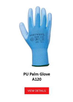 A120: A blue work glove with a knitted back and coated palm. The glove has the Portwest logo printed on it, as well as size and certification information. There is a link to the glove.