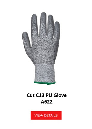 A622: A grey, cut-resistant glove with a knitted back and coated palm. The glove offers additional protection against cuts and abrasion. There is a link behind it that leads to the glove.