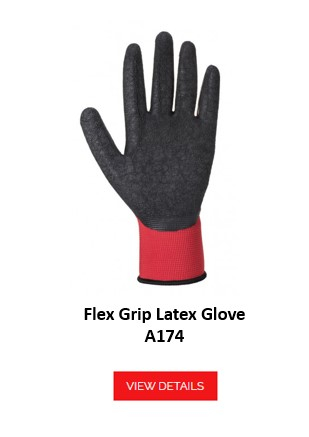 A174: A black work glove with a red wrist area. The palm and fingers have a textured coating that provides additional grip. There is a link behind it that leads to the glove.