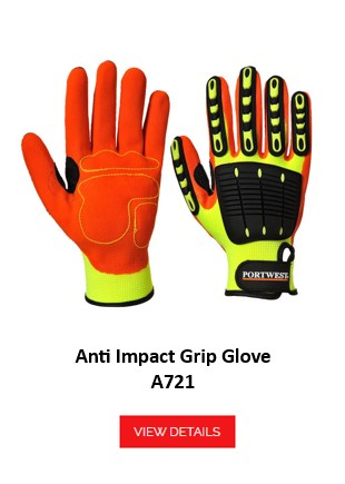 A721: An orange anti-impact glove with yellow and black protective pads on the back of the hand and fingers. The glove offers additional protection against impacts and blows. There is a link to the glove.