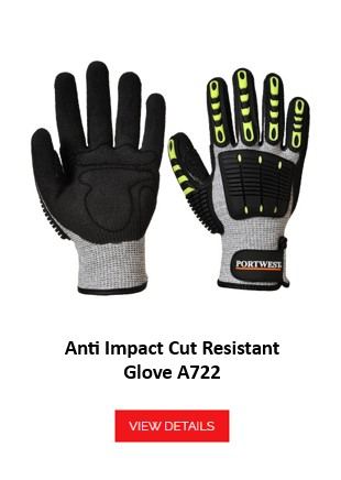 A722: A gray anti-impact glove with black and yellow protective pads on the back of the hand and fingers. The glove offers additional protection against impacts and blows. There is a link to the glove.