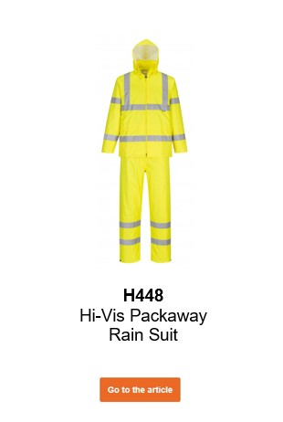 Image of the easily stowable High Visibility Rain Suit H448 in yellow with a link that leads to the article page.