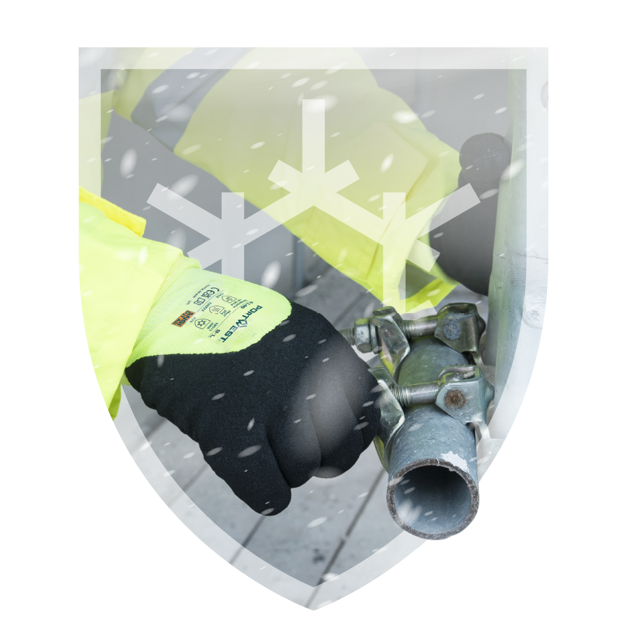 Shield-shaped image of a pair of hands in yellow and black gloves holding an iron rod with two scaffolding couplings. A stylized snowflake and white flakes can be seen transparently in front of the picture. There is a link that leads to our warm gloves.