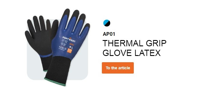 AP01 Thermo Pro Glove in black and blue with a button that leads to the article page.