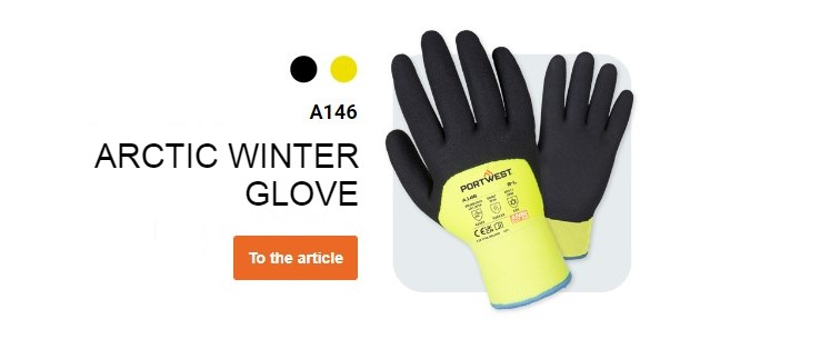 A146 Arctic Winter Glove in yellow and black with a button that leads to the article page.