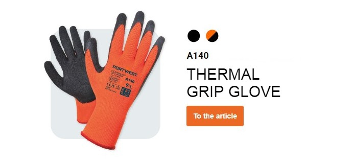 A140 Thermal Grip Glove - Latex in orange and black with a button that leads to the article page.