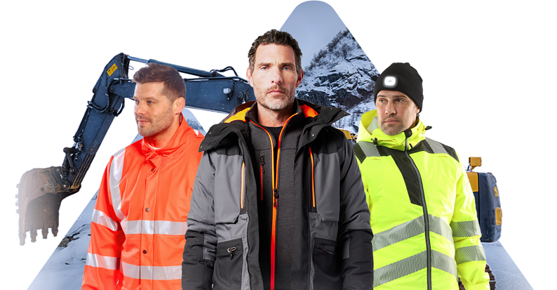 Three men in different work clothes in front of a triangular section of a snowy mountain slope.