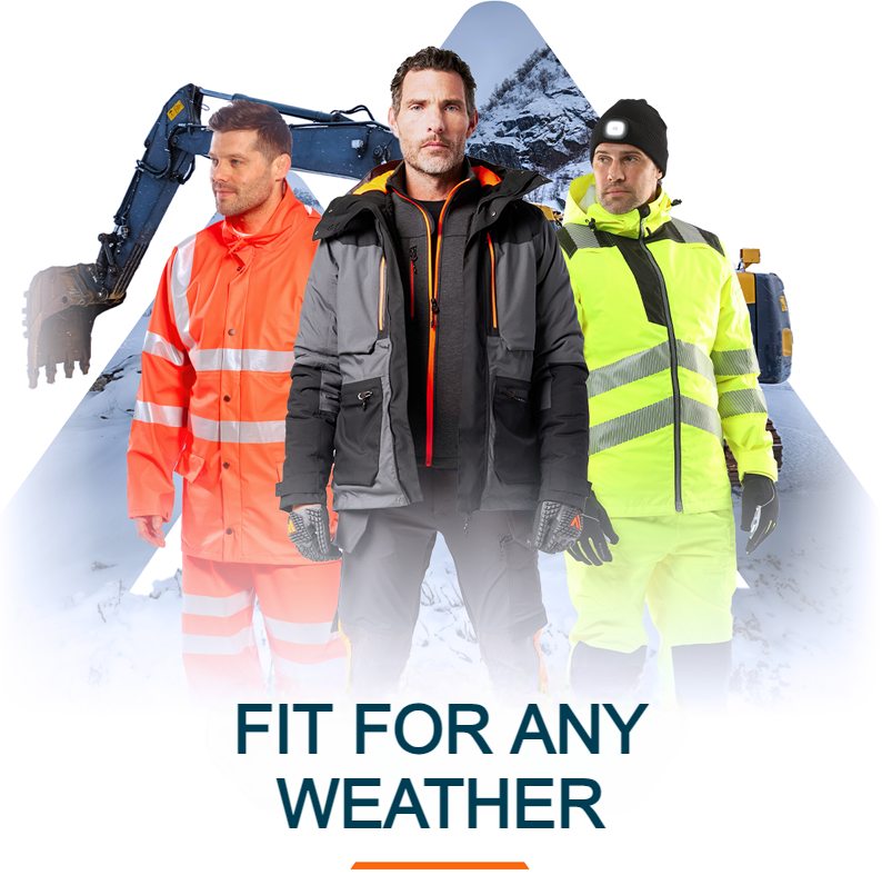 Three men in different work clothes in front of a triangular section of a snowy mountain slope. At the bottom there is the heading "Fit for the Elements" in blue capital letters.