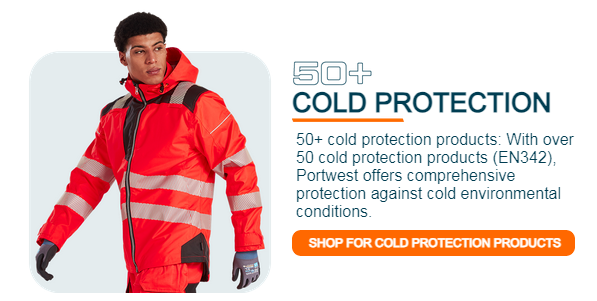 Image of a worker dressed in bright orange against a gray background. Next to it is the heading "50 plus protection from cold" and a text field with the following text: 50+ cold protection products: With over 50 cold protection products (EN342), Portwest offers comprehensive protection from cold environmental conditions. An orange button leads to our selection of cold protection products.