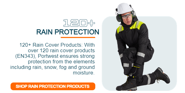 Image of a worker dressed in dark blue and yellow with a safety helmet. Next to it is the heading "120 plus rain protection" and a text box with the following text: 120+ rain protection products: With over 120 rain protection products (EN343), Portwest ensures strong protection from the elements, including rain, snow, fog and ground moisture. An orange button leads to our rain protection products.