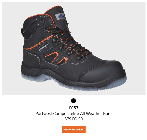 Image of the FC57 Portwest Compositelite All Weather Boot S3 WR in black with orange details. A link to the product page is included.