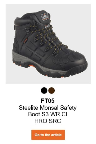 Image of the FT05 Steelite Monsal Safety Boot S3 WR CI HRO SRC in black with grey details. A link to the product page is included.