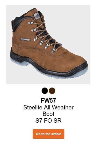 Image of the FW57 Steelite All Weather Boot S3 WR in brown. A link to the product page is included.