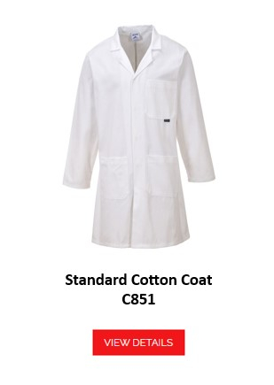 A white lab coat, referred to as "Standard Coat C851". The coat has several pockets and long sleeves. There is a link to the article.