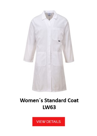 A white lab coat for women, referred to as "Standard Women's Coat LW63". The coat has several pockets and long sleeves. There is a link to the article.