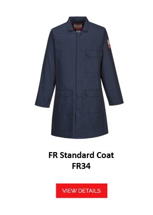 A dark blue lab coat, referred to as "FR Standard Coat FR34". The coat has several pockets and long sleeves. There is a link to the article.