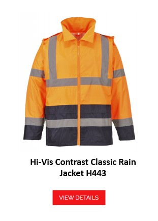 Classic high-visibility contrast rain jacket H443 in orange with reflective stripes. The link provided leads to the article page.