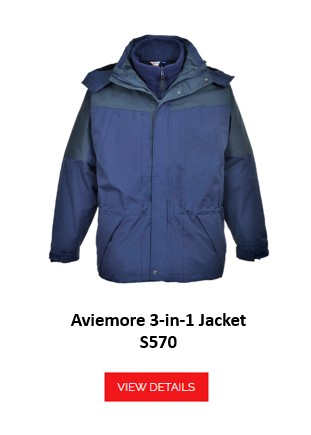 Waterproof 3-in-1 men's jacket Aviemore S570, in dark blue with a removable hood and removable inner lining. A link to the article is provided.