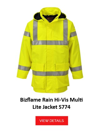 Lightweight Bizflame Multinorm rain high visibility jacket S774 in bright yellow with reflective stripes. A link to the product page is provided.