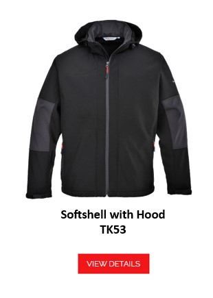 Waterproof softshell jacket TK53 with hood in black with a link to the article.