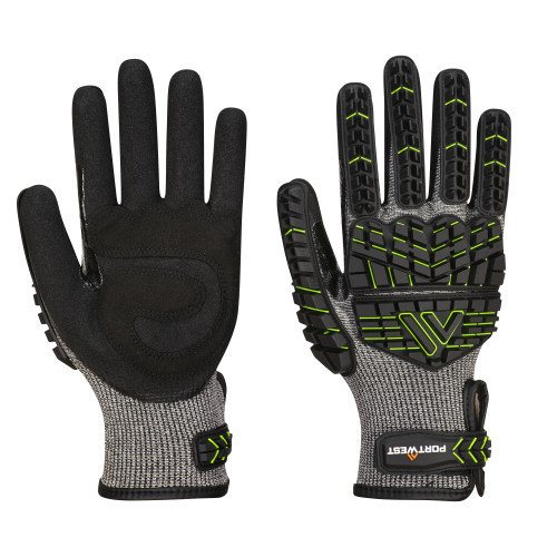 Image of the VHR15 Nitrile Foam Impact Protection Gloves A755 in black with grey and green details. A link to the article page is provided.