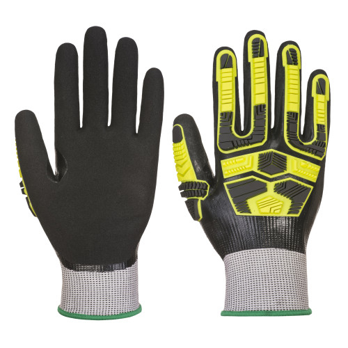 Image of the waterproof HR Cut impact protection glove AP55 in black with yellow, gray and green details. A link to the article page is provided.